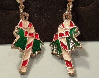 Vintage Enamel Candy cane pieced earrings, candy cane earrings, candy cane, Christmas earrings, pierced earrings