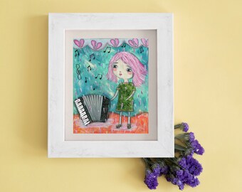 Accordion Art, Music Art, Whimsical girl, Girls Room, Inner Child Art, Child-like Art, Rain, Broken Heart, Courage and Art, Jackie Barragan