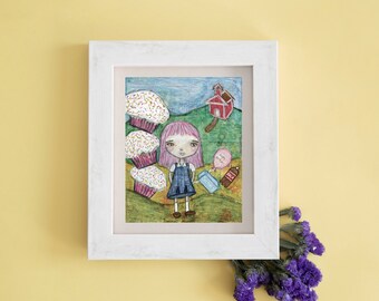 Cupcake art, Whimsical Girl, Child-Like Art, Inner Child Art, Birthday Gift, Gift for her, Schoolhouse, Courage and Art, Jackie Barragan