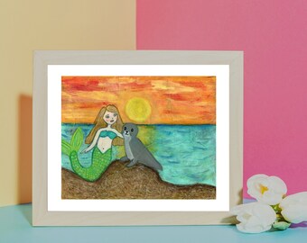 Mermaid & Seal Wall Art, Mermaid Decor, Under the Sea Wall Art, Mermaid Girls Room, Mermaid at Sunset, 8x10 Mermaid Print, Jackie Barragan