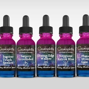 May include: Five glass dropper bottles filled with purple and blue liquid. Each bottle has a black cap and a label with the text "Cosmophilia astrological herbals" and a planet name. The labels also feature astrological symbols.