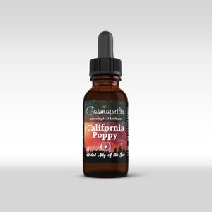 May include: A brown glass bottle with a black dropper and cap. The label reads "Cosmophilia astrological herbals California Poppy Herbal Ally of the Sun" with a colorful sunset design. The bottle is filled with a liquid.