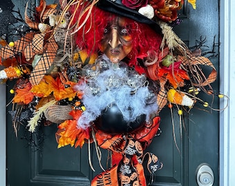 Halloween witch, witch, witch with a broom. Witch door hanger. fall wreath, Halloween decor, redheaded witch