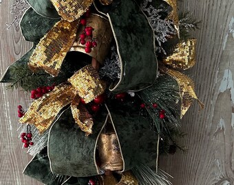 Bell swag, Christmas swag, bells and holly, Christmas door hanget