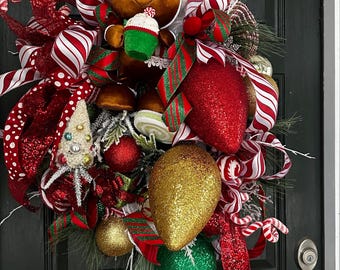 Christmas wreath, Elf wreath, candy and elf, light bulbs and elf
