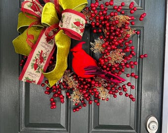 cranberry and red bird, Christmas red bird, cranberry wreath, cranberry door hanger