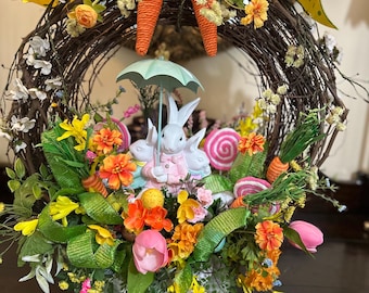 Easter Bunnies, Easter table arrangement, spring flowers,