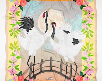 Endangered Red Crowned Cranes Cherry Lemon Eco Conscious Illustration Art Scarf