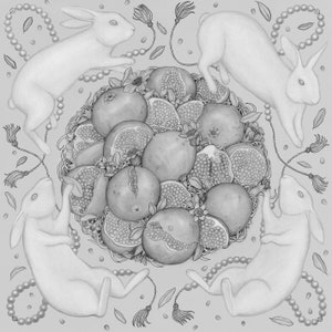 Rabbits and Pomegranates Illustration Luxury Silk Square Art Scarf image 8