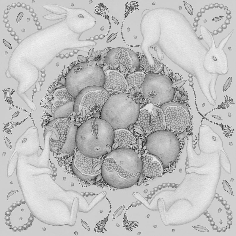 Rabbits and Pomegranates Illustration Luxury Silk Square Art Scarf image 8