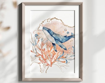 Whale Printable Wall Art, Nursery Wall Decor, Watercolor Whale Painting, Aquatic Animal Print, Underwater Nursery Art