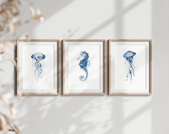Sea Life Wall Art Set of 3, Printable Watercolor Wall Art Set, Seahorse Wall Art, Jellyfish Wall Decor, Minimalist Watercolor Decoration