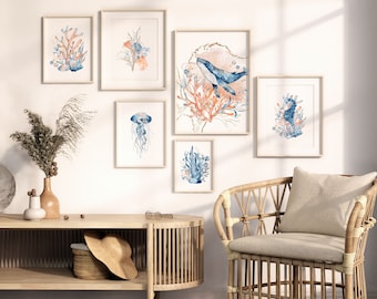 Under The Sea Wall Art Set of 6, Nautical Home Decor, Ocean Wall Art Print, Sea Life Wall Art, Nautical Ocean Print Set, Digital Art, Blue