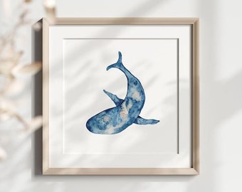 Whale Printable, Watercolor Whale Art, Abstract Watercolor Art, Blue Whale Printable Art, Digital Art Piece, Watercolor Wall Art, Blue Art