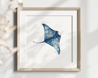 Watercolor Manta Ray, Printable Manta Ray Art, Blue Watercolor Wall Art, Kids Room Printable, Blue Ocean Animal Digital, Instant Download