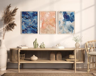 Set of 3 Watercolor Artwork, Blue and Gold Watercolor Swatches, Printable Pink and Gold Wall Art, Blue and Pink Printable Artwork, Decor