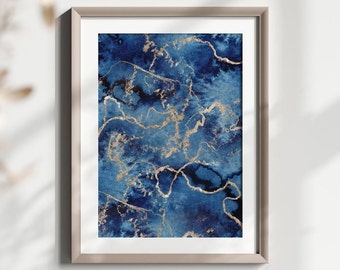 Blue Abstract Wall Art, Navy and Gold Watercolor Printable, Printable Wall Art, Hallway Decor, Living Room Wall Decor, Blue and Gold Art