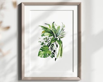 Watercolor Print, Printable Wall Art, Monstera Watercolor, Greenery Print, Botanical Wall Art, Watercolor Tropical Plants, Green Leaves, Art