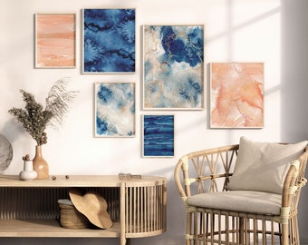 Set of 6 Printable Download, Watercolor Texture Printable Wall Art, Watercolor Swatch Wall Decor, Abstract Printable Art, Blue & Pink Print