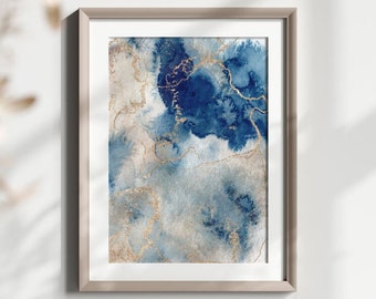 Blue and Gold Abstract Wall Art, Navy and Gold Watercolor Printable, Wall Art, Hallway Decor, Living Room Wall Decor, Printable Artwork