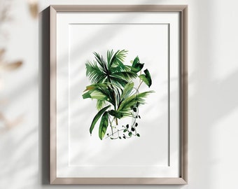Watercolor Tropical Greenery Print, Printable Wall Art, Greenery Wall Art, Botanical Wall Print, Green Leaves, Botanical Plants, Wall Decor