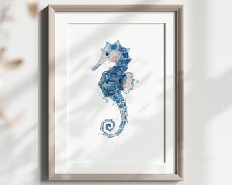 Seahorse Watercolor Painting Printable, Sea Life Art, Sea Horse Illustration, Sea Art, Home Decor, Wall Art Printable, Digital Download File