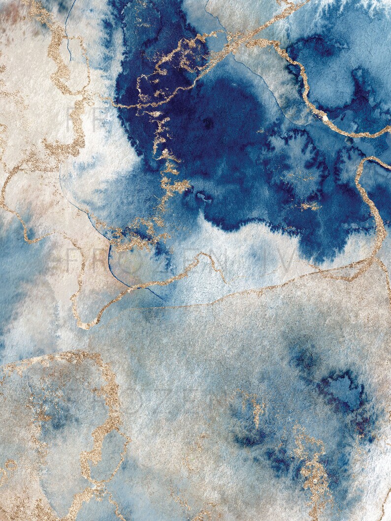 Blue and Gold Abstract Wall Art, Navy and Gold Watercolor Printable