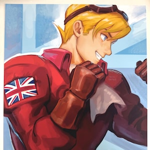 May include: Illustration of a smiling person with blonde hair, wearing a red flight suit with a Union Jack patch. The person is also wearing brown gloves and goggles. The background has blue and white stripes.