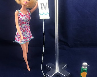 IV Pole and Oxygen Tank for doll hospital  with Embroidered IV bag for 11" Doll or barbie doll