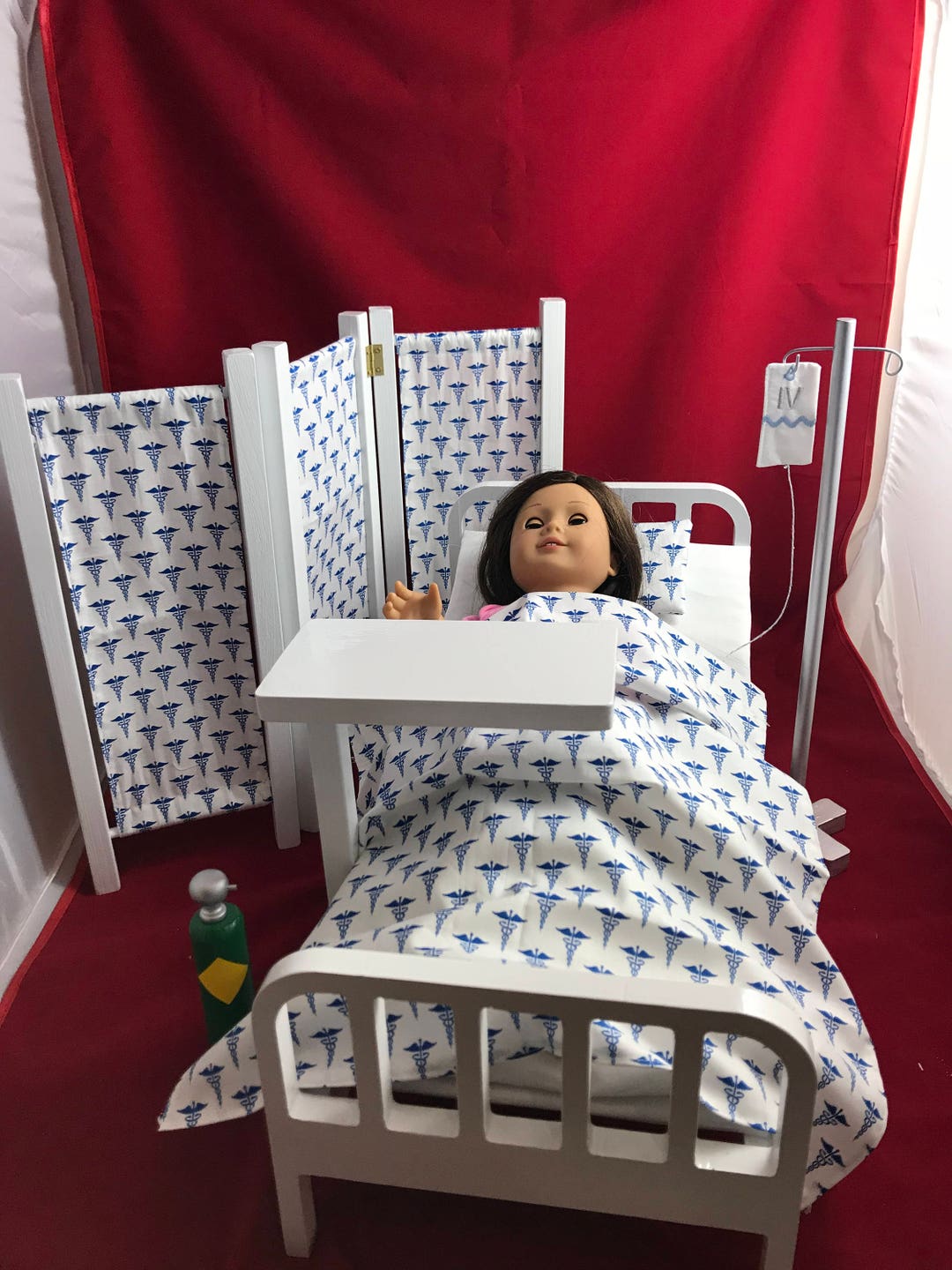 Doll Hospital Room Wooden Play Set for 18 Dolls With Bed Privacy Screen Table IV Pole With IV Bag and Oxygen Tank Etsy