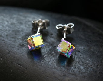 Small Vivid Crystal Cube earrings. Swarovski Crystal set in a Rhodium finish