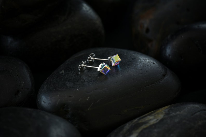 Small Vivid Crystal Cube earrings. Swarovski Crystal set in a Rhodium finish image 5