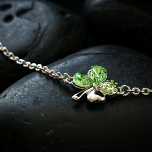 4 Leaf Clover Bracelet with Swarovski Crystal in Peridot set in Rhodium image 4