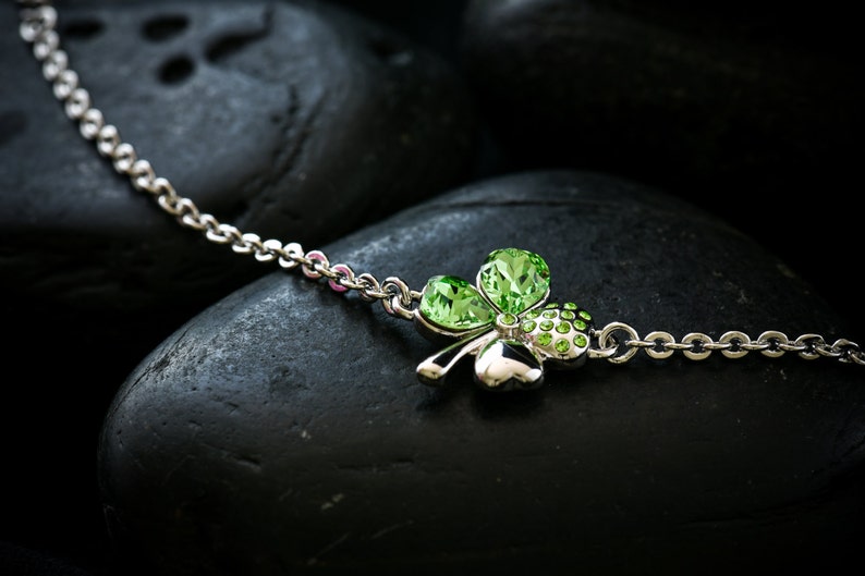 4 Leaf Clover Bracelet with Swarovski Crystal in Peridot set in Rhodium image 4