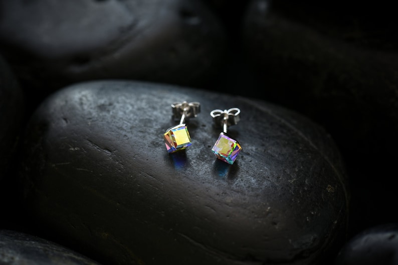 Small Vivid Crystal Cube earrings. Swarovski Crystal set in a Rhodium finish image 1