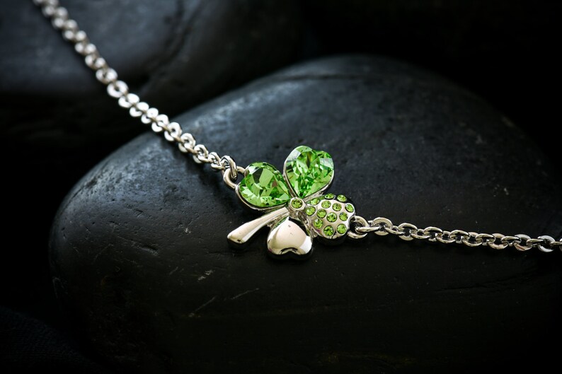 4 Leaf Clover Bracelet with Swarovski Crystal in Peridot set in Rhodium image 5