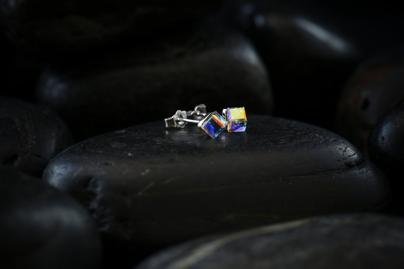 Small Vivid Crystal Cube earrings. Swarovski Crystal set in a Rhodium finish image 2