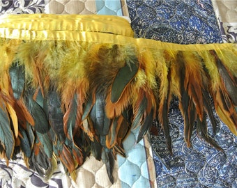 rooster hackle feather fringe trim 2 yards of yellow color for sewing