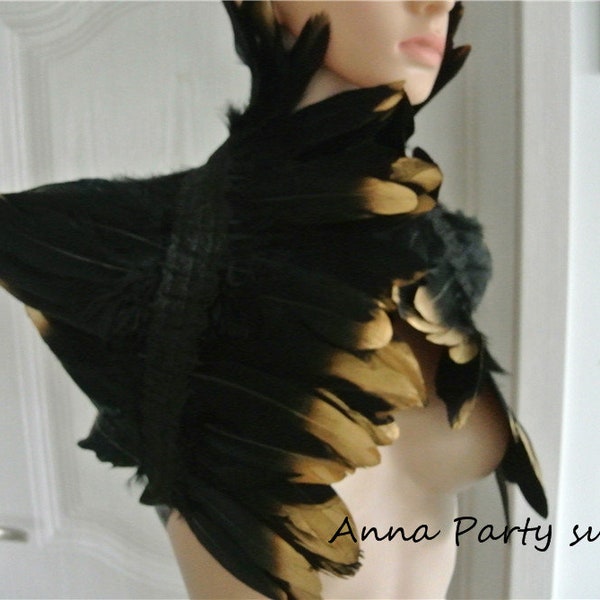 Black feather with gold tip shawl shrug shoulder vintage capelet show halloween supply