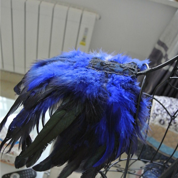 1 pair Handmade royal blue rooster feather epaulette pads Carnival feather shoulder shrug burning man festival epaulettes supply 25x25cm