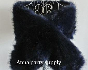 navy blue deep blue faux fur bridal wrap shrug wedding faux fur cape Wedding Fur shrug Bridal Faux Fur Stole Fur Shawl Cape