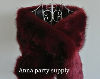 burgundy faux fur bridal wrap shrug wedding faux fur cape Wedding Fur shrug Bridal Faux Fur Stole Fur Shawl Cape