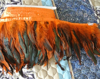 rooster hackle feather fringe trim 2 yards of orange color for sewing