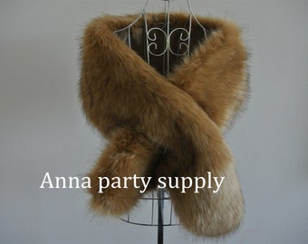 brown with black tip faux fur bridal wrap shrug wedding faux fur cape Wedding Fur shrug Bridal Faux Fur Stole Fur Shawl Cape
