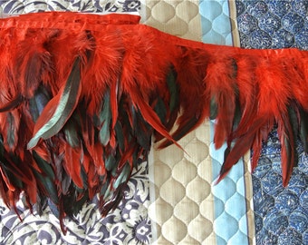 rooster hackle feather fringe trim 2 yards of red color for sewing