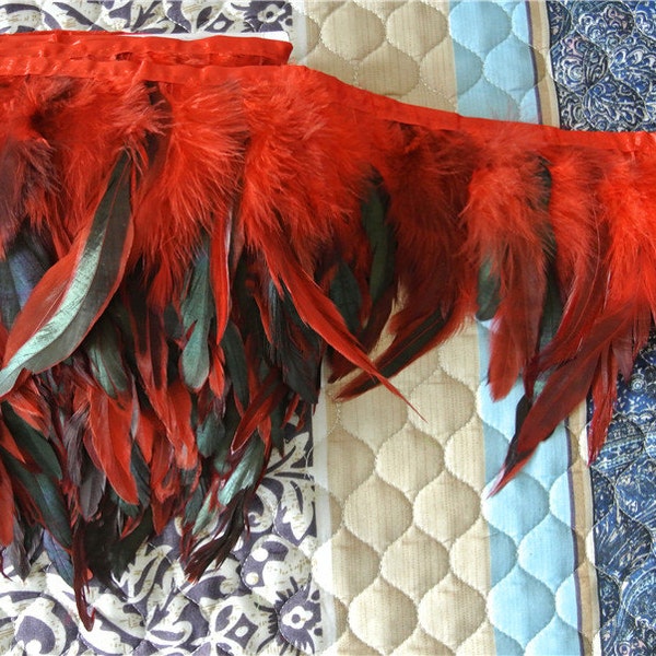 rooster hackle feather fringe trim 2 yards of red color for sewing