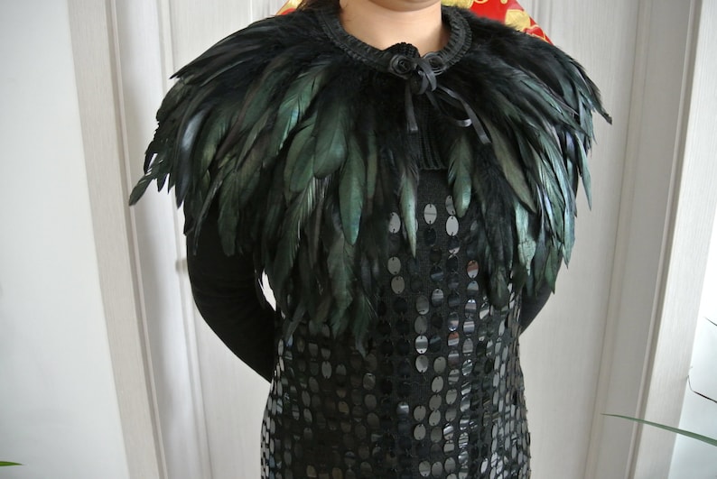 Black feather cape top feather jacket feather shawl rooster feather cape image 3