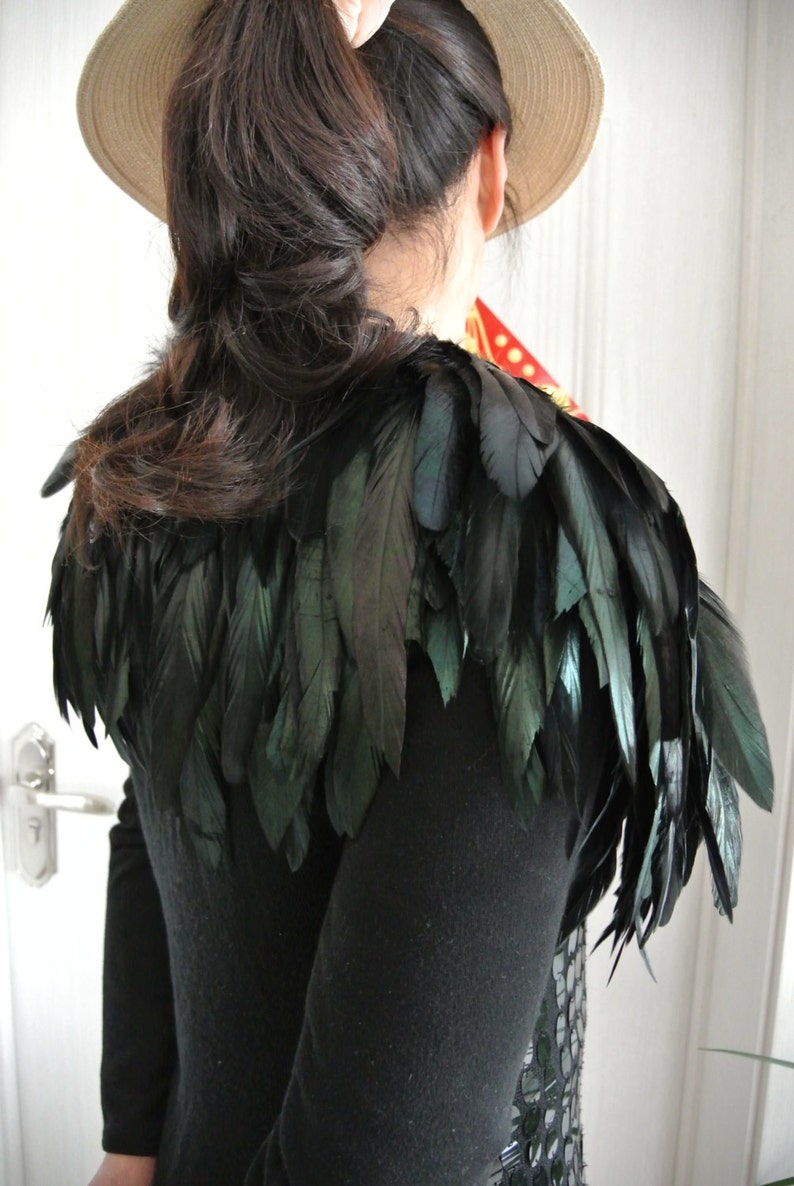 Black feather cape top feather jacket feather shawl rooster feather cape image 5