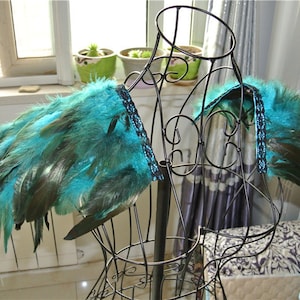 Handmade turquoise rooster coque feather epaulette pads Carnival feather shoulder shrug burning man festival epaulettes