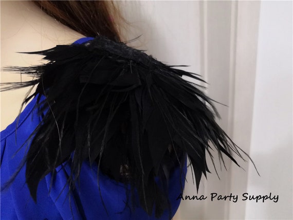 Handmade black feather epaulette pads Carnival feather shoulder